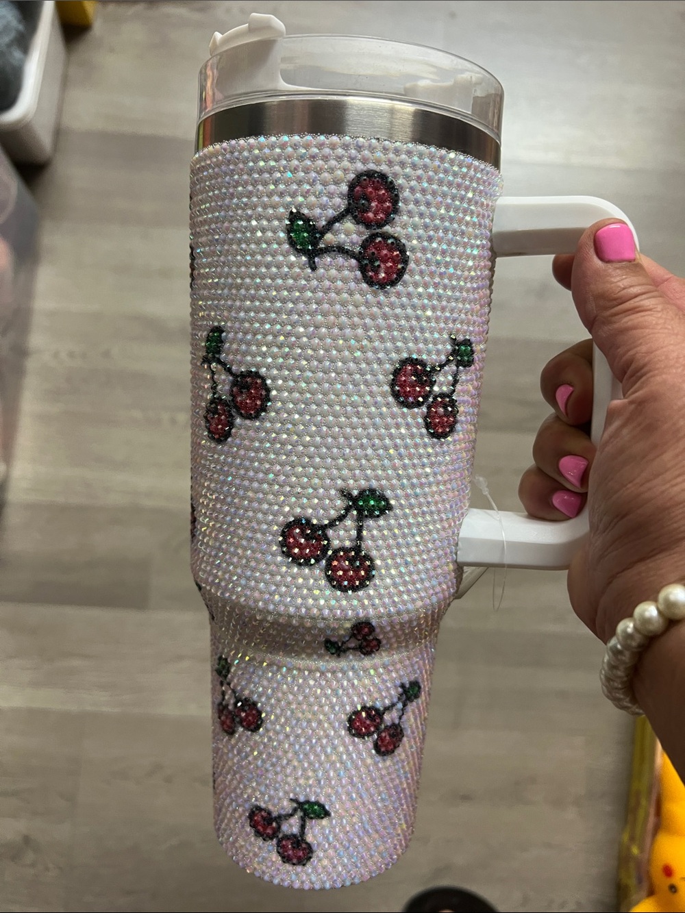 Crystal Cherry Travel Tumbler Cover - Pink Cherry Rhinestone Sleeve